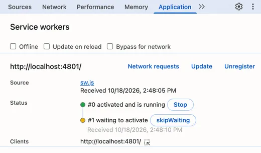 Chrome DevTools Application panel, Service workers section. Status shows #0 activated and is running, and below it #1 waiting to activate, with a skipWaiting button. Clients lists one open page.