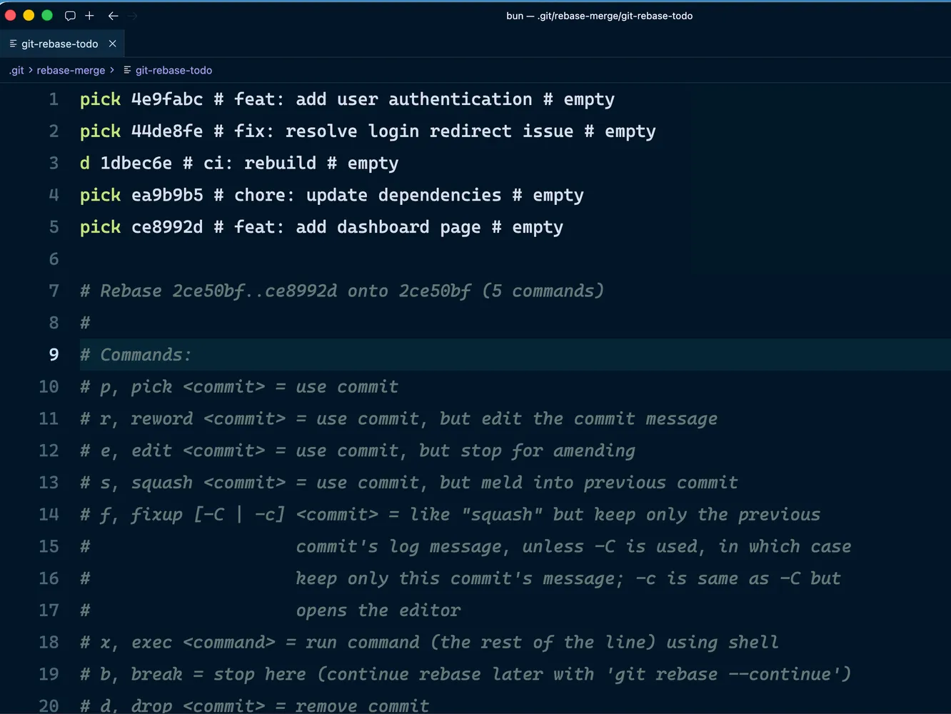 Interactive rebase todo list with an empty “ci: rebuild” commit marked as d (drop)