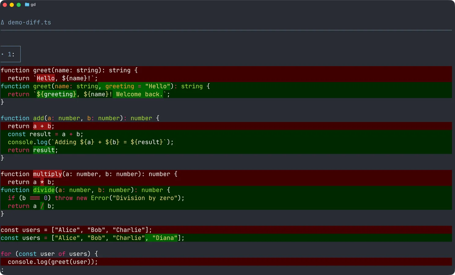 A TypeScript diff rendered by delta with syntax highlighting and word-level changes