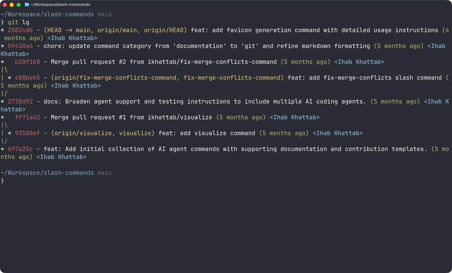 Terminal output of git lg showing a coloured commit graph with branches, merges, relative dates, and authors